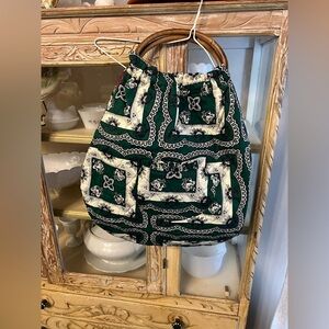 Bamboo Handle Green White Blue Patterned Reversible Women's Bag
